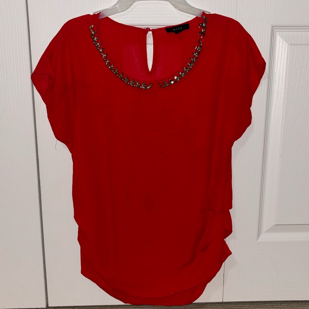 Red Cap Sleeved Blouse with Gold chain neckline